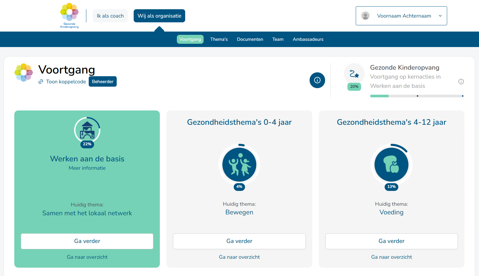 Een illustratieve screenshot: de hoofdpagina van de tool 'Wij als organisatie', waarbij coaches Gezonde Kinderopvang onder andere de voortgang zien op het Werken aan de basis en de voortgang op het werken aan thema's.
