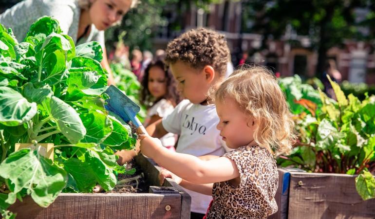 Drie kindjes en een pedagogisch medewerker bij moestuinbakken