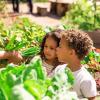 pedagogisch medewerker en drie kinderen moestuinieren  