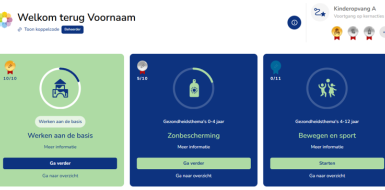 Illustratieve afbeelding van de tool Wij als organisatie. In beeld te zien is de module Werken aan de basis en de thema's Zonbescherming en Bewegen en sport